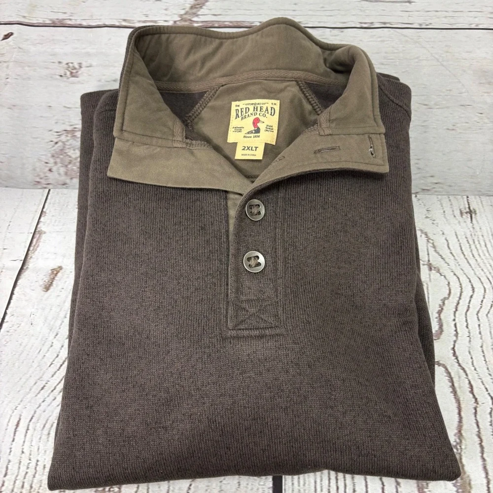Red Head Brand Co Mens 2XLT Brown Fleece 3 Button Mock Neck Pullover Sweater